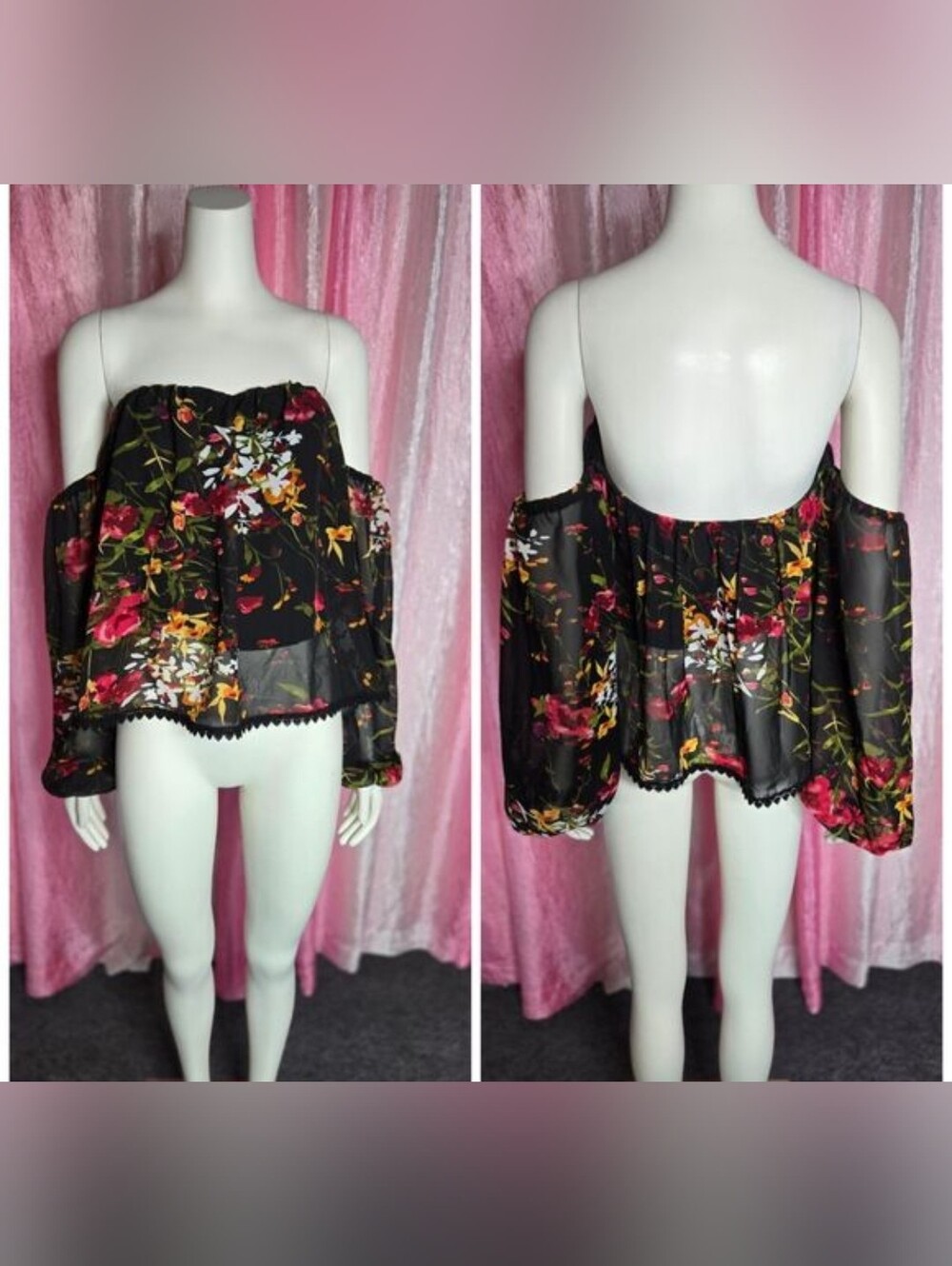 Venus Black Tropical Floral Off Shoulder Boho Fairy Lined Blouse Size 8